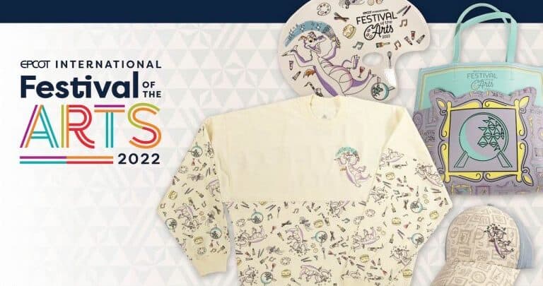2022 EPCOT Festival of the Arts merch: vibrant shirt, tote, plate, and hat featuring signature festival artwork.