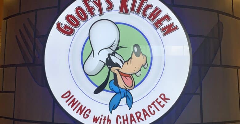 Goofy's Kitchen entrance at Disneyland Hotel, with Goofy in a chef hat and the slogan "Dining with Character.