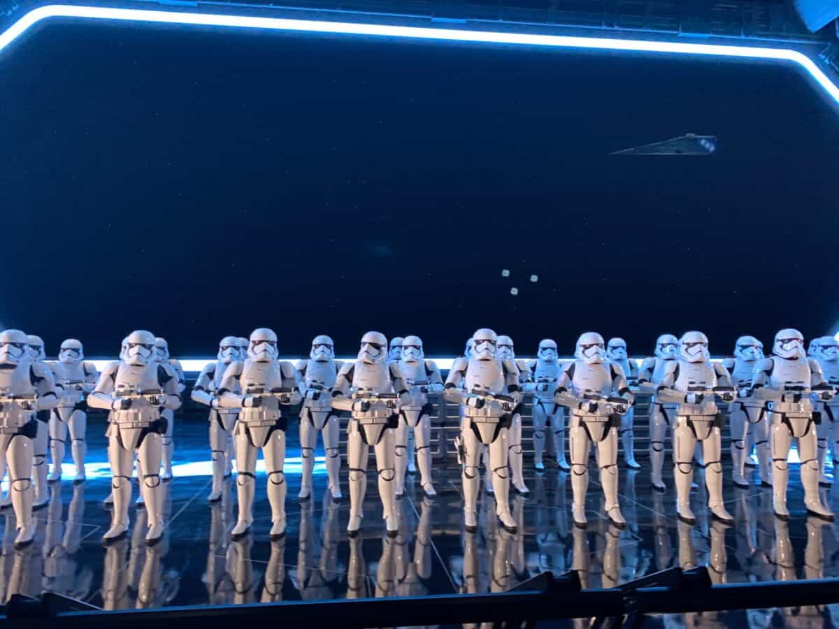 Stormtroopers in formation on a gleaming Star Wars: Galaxy’s Edge floor, with Florida Residents scoring special ticket offers.