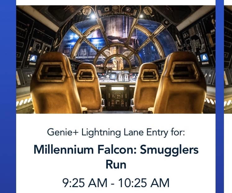 Millennium Falcon cockpit view from pilot seats shown on a Disneyland ride reservation screen with Disney Genie details.