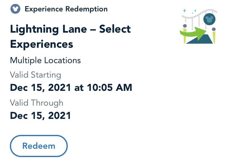 Disneyland Lightning Lane pass, valid Dec 15, 2021, 10:05 AM entry, Disney Genie features, and an easy Redeem button.