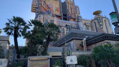 Mission: BREAKOUT! at Disney California Adventure, the vibrant Guardians of the Galaxy ride tower framed by swaying palm trees.