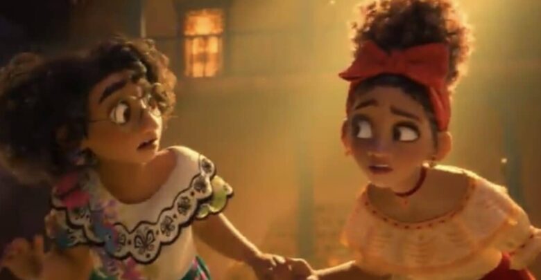 Mirabel and Isabela hold hands, looking worried inside Casita’s cozy living room, about to reveal Bruno’s secret at Encanto.