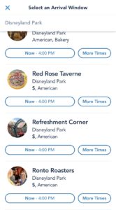 Disneyland app screen displaying restaurant options, wait times, cuisine types, prices, and Mobile Ordering for easy park dining.