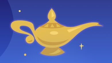 Genie’s golden lamp sparkling with magic on a blue backdrop, just like in Aladdin’s enchanted world at Disney parks.