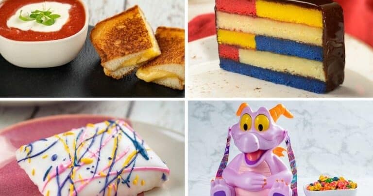 EPCOT Festival treats: tomato soup with grilled cheese, a vibrant cake, pastry art, and a Figment dragon cereal snack.