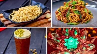 Mouthwatering highlights from Lunar New Year at Disney California Adventure: plain noodles, spicy noodles, foamy iced drink, lotus glow decor.