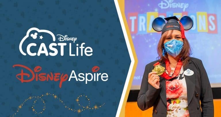 Disney Cast Member in Mickey ears graduation cap celebrates with medal; Disney Cast Life and Aspire logos on vibrant blue backdrop.