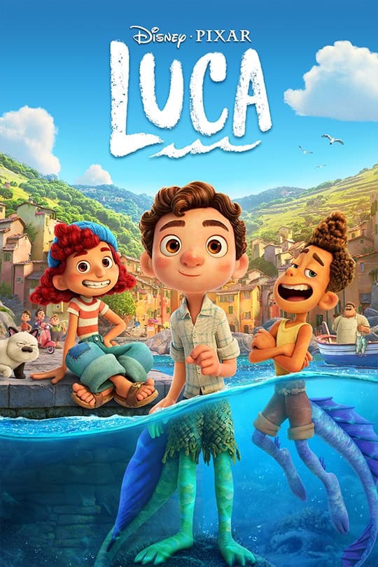 Luca, Alberto, and Giulia as sea creature kids by the shoreline under “Luca” and Pixar logos, evoking Disney-Pixar adventure.