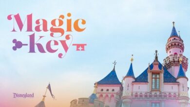 Magic Key" text next to Sleeping Beauty Castle at Disneyland, with pink and blue towers against a dreamy pastel sky.