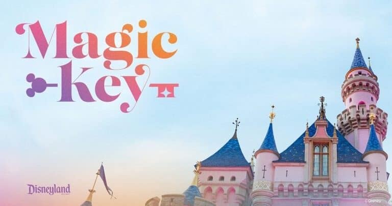 Magic Key" text next to Sleeping Beauty Castle at Disneyland, with pink and blue towers against a dreamy pastel sky.