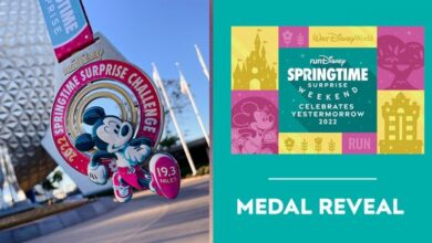 Mickey Mouse stars on a vibrant medal and banner for Disney World's 2022 Springtime Surprise Challenge event.