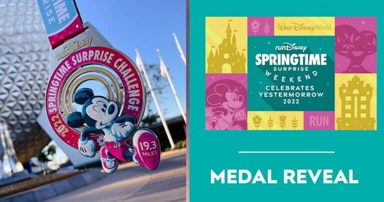 Mickey Mouse stars on a vibrant medal and banner for Disney World's 2022 Springtime Surprise Challenge event.