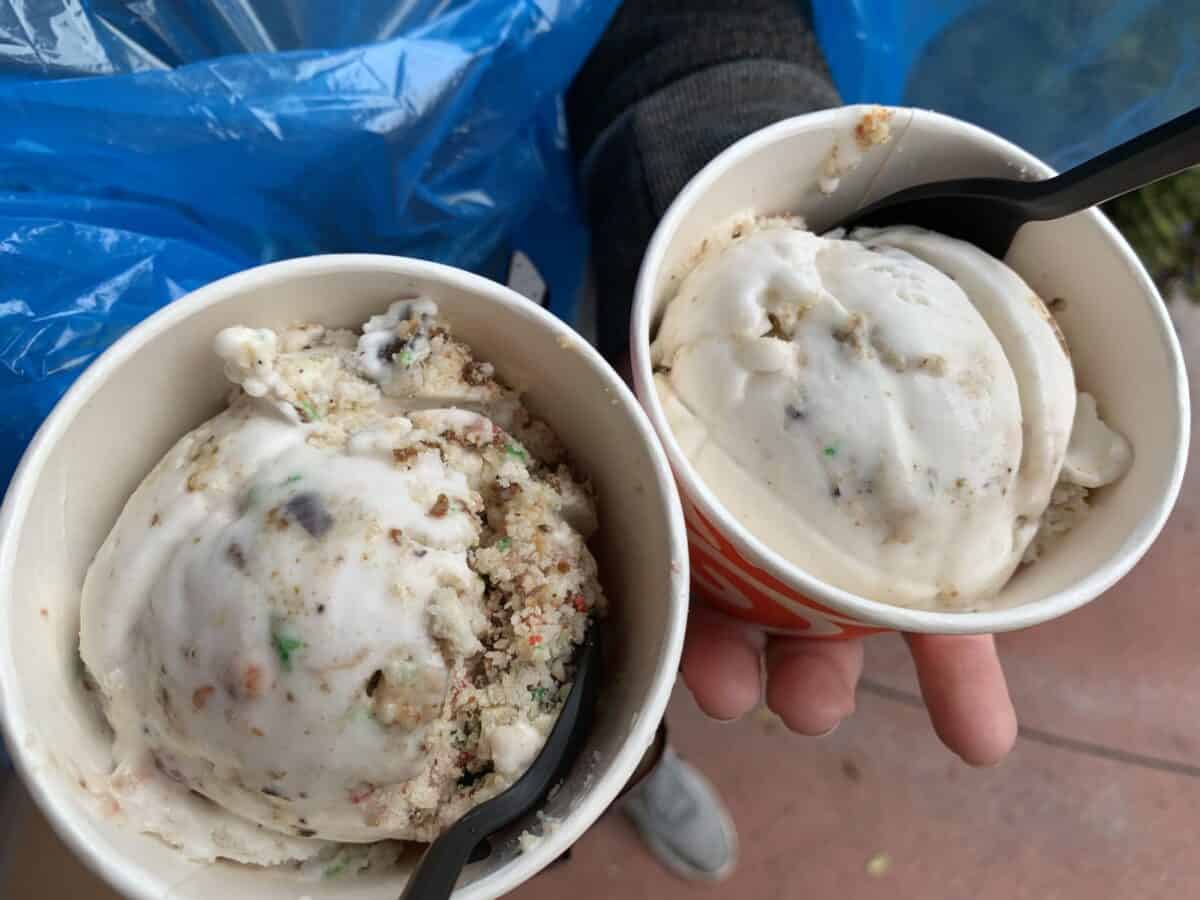 Salt & Straw ice cream at Disney Springs—two cups with fun mix-in scoops, one ready to enjoy amid the magic.
