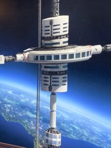 A dazzling space station floats above Earth, evoking EPCOT’s Space 220 restaurant with cosmic views of continents and oceans below.