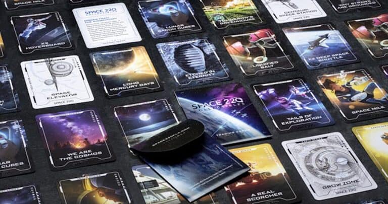 A galaxy adventure unfolds as vibrant space cards form a game grid, with cosmic stacks ready for out-of-this-world fun.