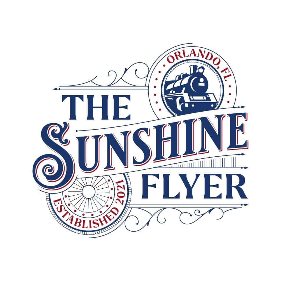 The Sunshine Flyer logo with a classic train and "Orlando, FL, Established 2021"—all aboard to Orlando’s magical attractions!.