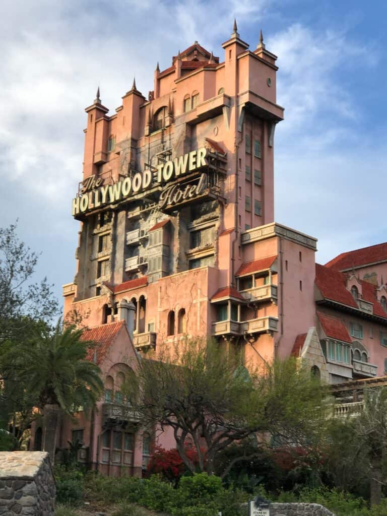 The iconic Hollywood Tower Hotel looms over Disney’s Hollywood Studios, tempting thrill-seekers to the Four Park Challenge.