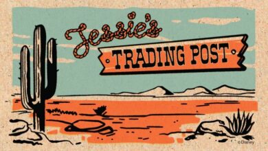 Jessie's Trading Post retro sign in a desert scene with cactus and mountains, featured at Disney Parks; Disney logo in corner.