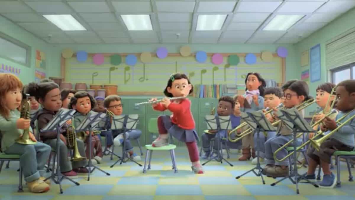 Meilin Lee from Turning Red performs a lively flute solo for classmates in a school band room, captivating her audience.