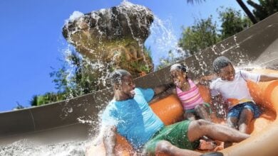 Guests enjoy a thrilling ride down a water slide on an orange raft, laughing together as they’re drenched by splashing waves.