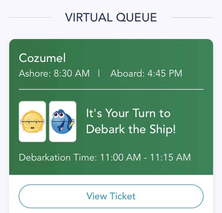 The Disney Fantasy’s screen shows a vibrant virtual queue for Cozumel debarkation, complete with lively Disney graphics.