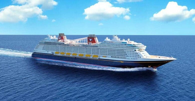 A massive Disney Cruise Line ship glides across the ocean, framed by a sunny sky and whimsical clouds.