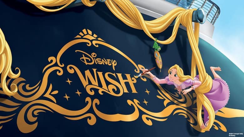 Rapunzel dangles by her hair, painting the gold Disney Wish logo on its hull as Maiden Voyage excitement builds despite delays.