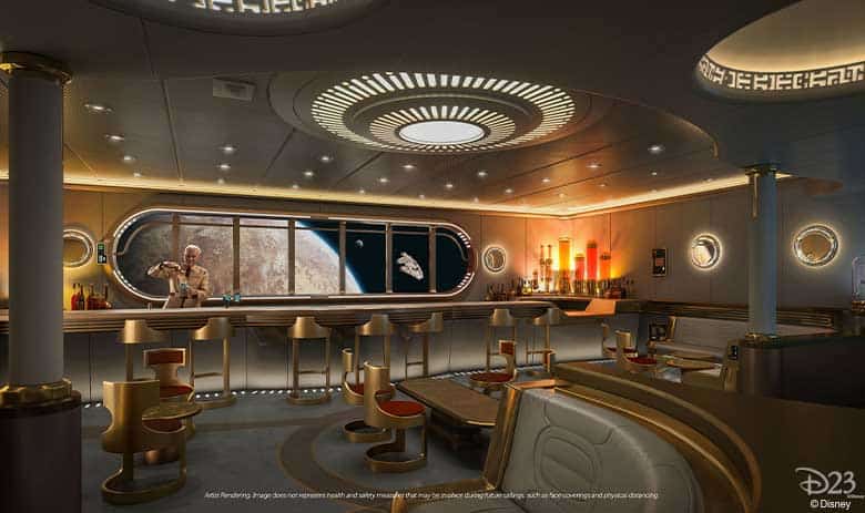 A Disney Wish-inspired space bar with a robot bartender, cosmic decor, and panoramic views of planets and starships.