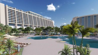 A vibrant resort-style pool oasis with palm trees, loungers, and sleek hotel towers reminiscent of a Universal Orlando getaway.