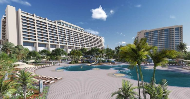 A vibrant resort-style pool oasis with palm trees, loungers, and sleek hotel towers reminiscent of a Universal Orlando getaway.