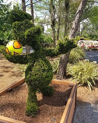 A playful Disney topiary holds a bright soccer ball amid lush gardens—experience FootGolf’s excitement in this magical setting!.