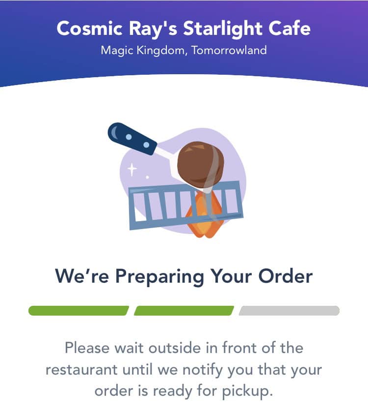 Illustration shows a guest waiting at Cosmic Ray's Starlight Cafe with "We're preparing your order"—mobile ordering made simple at Disney World.
