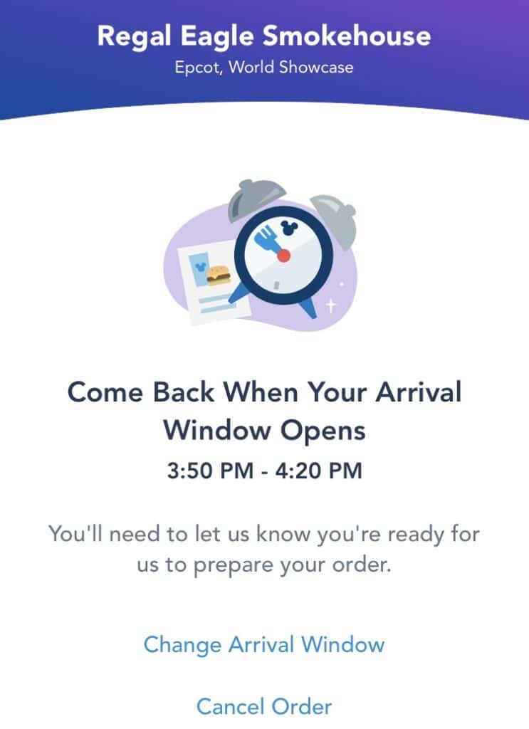 Regal Eagle Smokehouse sign at Disney World: Mobile Order is easy! Come back 3:50–4:20 PM. Change or cancel anytime.