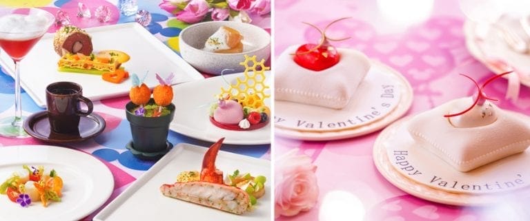 Valentine’s Day treats and dishes styled on white plates with festive flair, ready for guests at a Disney park celebration.