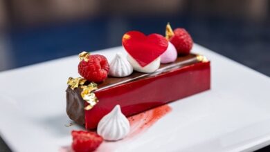 Valentine’s Day dessert at Disney World: glossy red glaze, gold leaf, raspberries, meringues, and a heart-shaped topper.