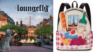 Remy from Ratatouille poses in front of a Paris backdrop, next to a Loungefly backpack featuring playful foodie designs.