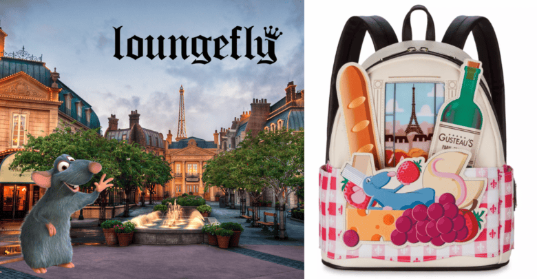Remy from Ratatouille poses in front of a Paris backdrop, next to a Loungefly backpack featuring playful foodie designs.