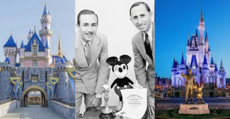 Collage featuring Disneyland’s iconic castle, Walt Disney with Mickey Mouse, and Cinderella Castle at Disney World—theme park highlights.