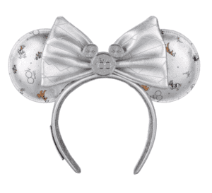 Sparkling Minnie Mouse silver ear headband with a bold bow, Disney 100 emblem, and character designs—Disney Loungefly magic!.