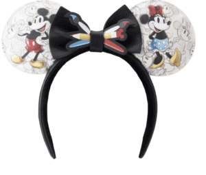 Classic black Loungefly-inspired headband featuring iconic Mickey and Minnie Mouse ears with a central black bow—perfect for Disney parks.