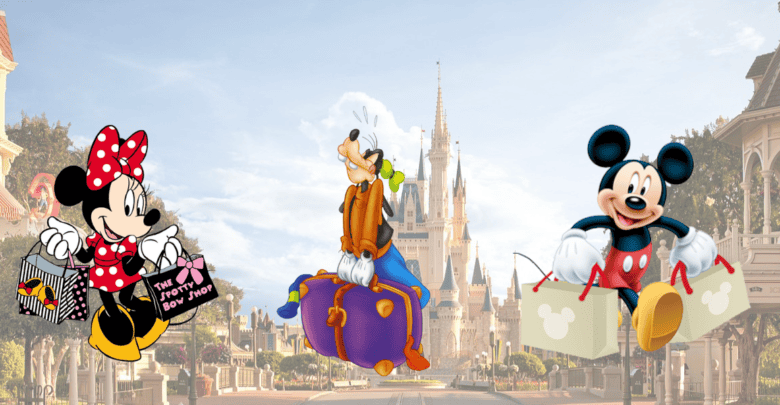 Minnie, Goofy, and Mickey Mouse show off Disney Loungefly shopping bags in front of Cinderella Castle on a bright sunny day.