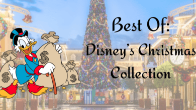 Scrooge McDuck holding money bags stands by "Best Of: Disney Christmas Collection" sign near a decorated holiday tree.