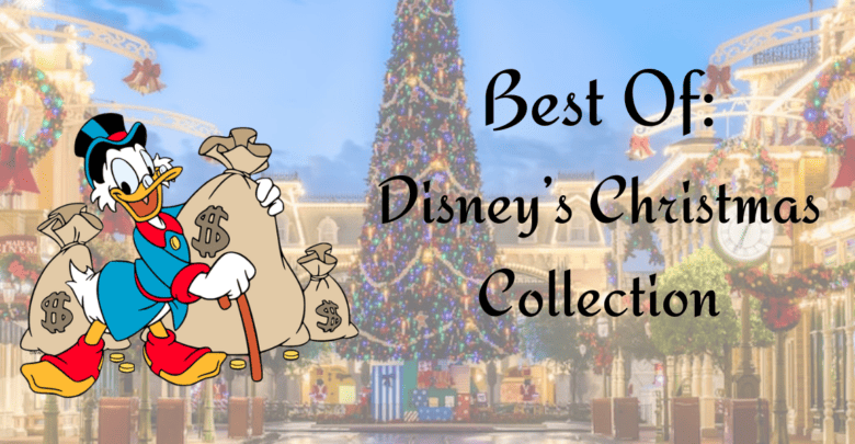 Scrooge McDuck holding money bags stands by "Best Of: Disney Christmas Collection" sign near a decorated holiday tree.
