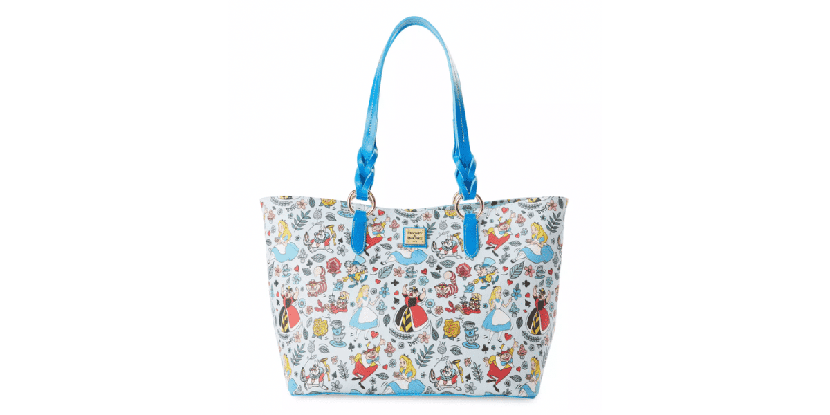 Alice in Wonderland Dooney & Bourke tote with blue handles, featuring vibrant Disney characters and magical park-inspired patterns.