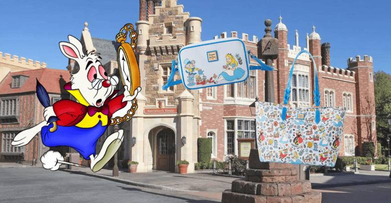 The White Rabbit greets guests by Alice in Wonderland merchandise at a whimsical English-style storefront in a Disney park.
