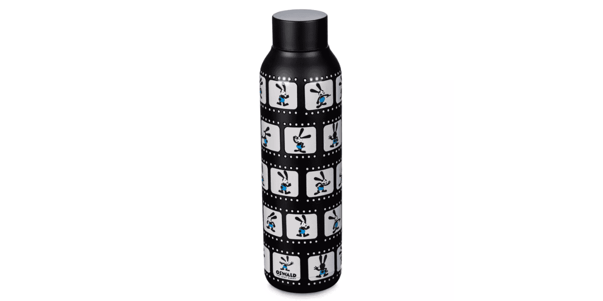 A black water bottle featuring a repeating filmstrip design with cartoon images of a character in various expressive poses. The cartoon character is predominantly white with blue accents.