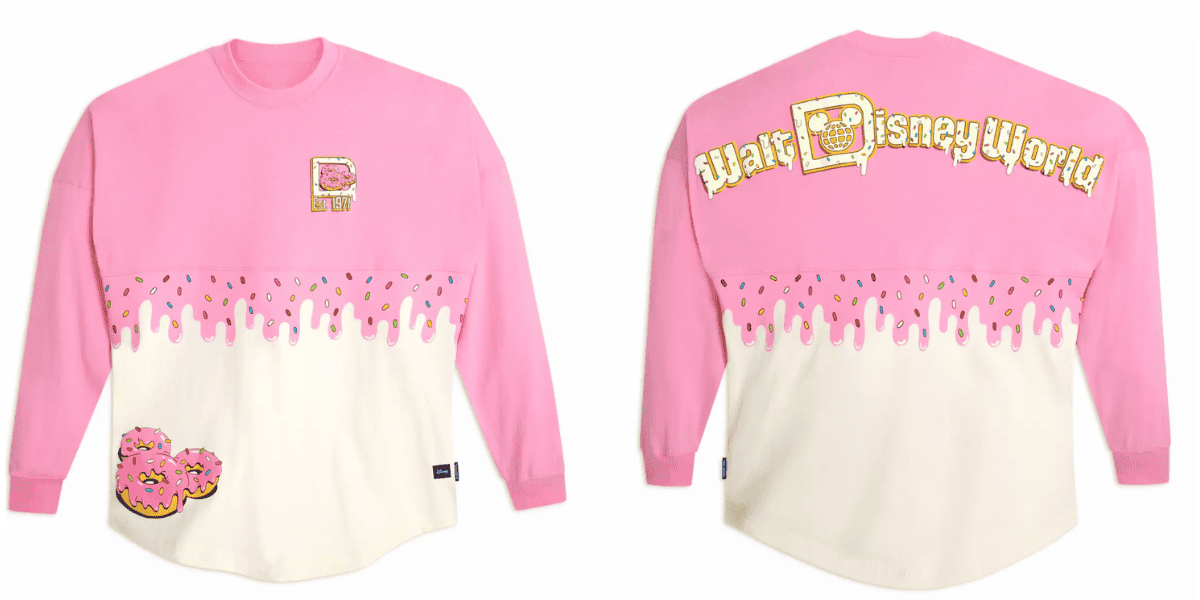 Two views of a long-sleeve shirt from the Mickey Mouse Donut Collection. The shirt is primarily pink with a white bottom half. The front displays the text "Walt Disney World" with drips resembling icing and multicolored sprinkled donuts, alongside a Disney park logo. The back showcases the same text and design.