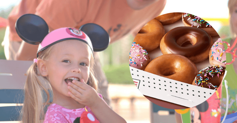 A smiling child wearing Mickey Mouse ears enjoys a moment outdoors. A circle inset shows a box of the Mickey Mouse Donut Collection, including glazed donuts and ones with colorful sprinkles. The child appears delighted, adding to the cheerful atmosphere.