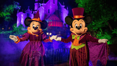 Mickey and Minnie Mouse are dressed in Halloween-themed costumes—Minnie in a purple witch outfit and hat, Mickey in a purple suit with an orange vest and green bow tie. They are holding hands and posing in front of a spooky, illuminated castle surrounded by mist.